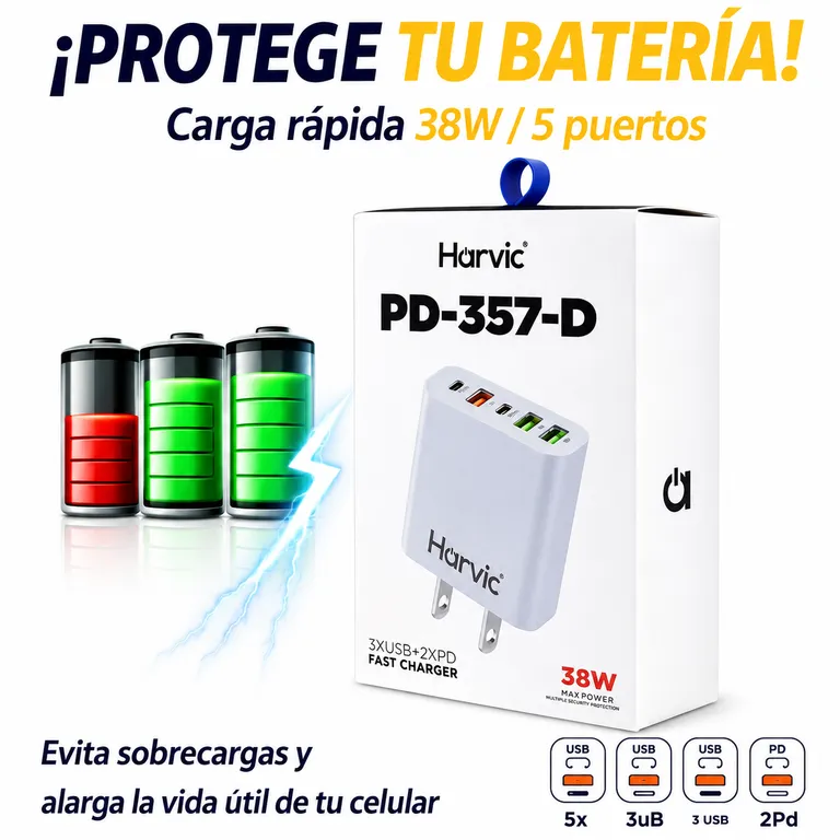 CARGADOR INTELIGENTE PD-357-5 HARVIC 38W USB-C