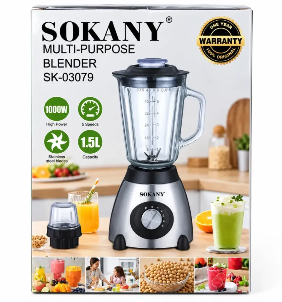 LICUADORA DE VIDRIO MULTIFUNCIONAL SOKANY DE 1.5 LITROS 2 EN 1