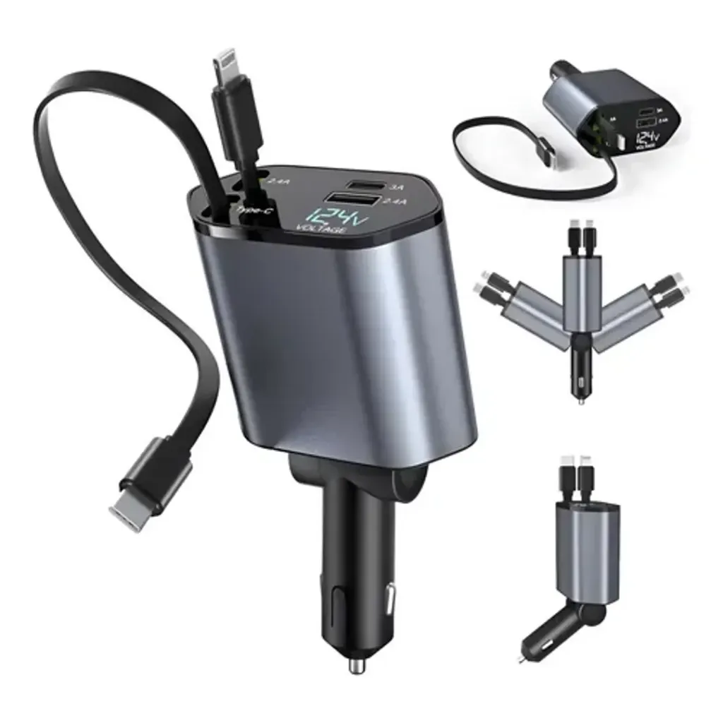 [6bbd08] CARGADOR CARRO 4 EN 1 CABLE RETRACTIL