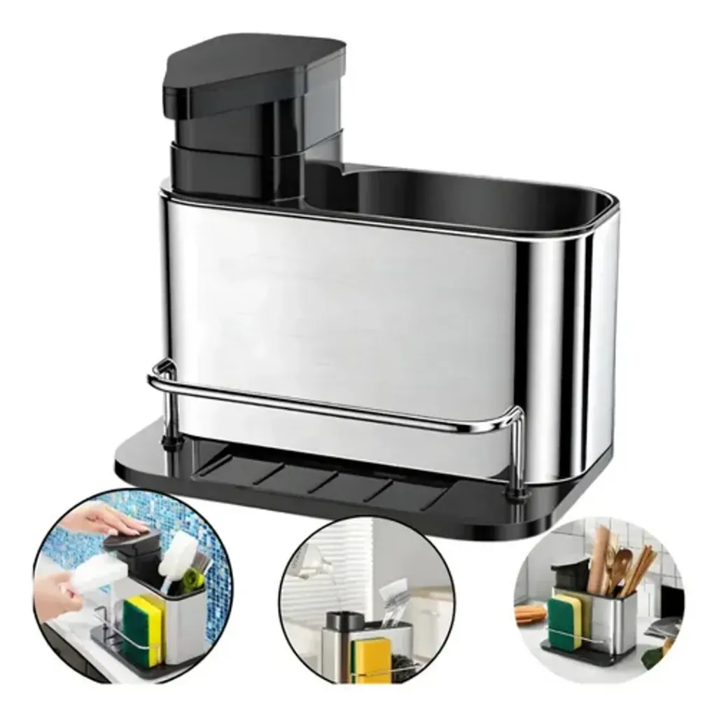 [914191] DISPENSADOR DE JABON METALICO CON SOPORTE 3 EN 1