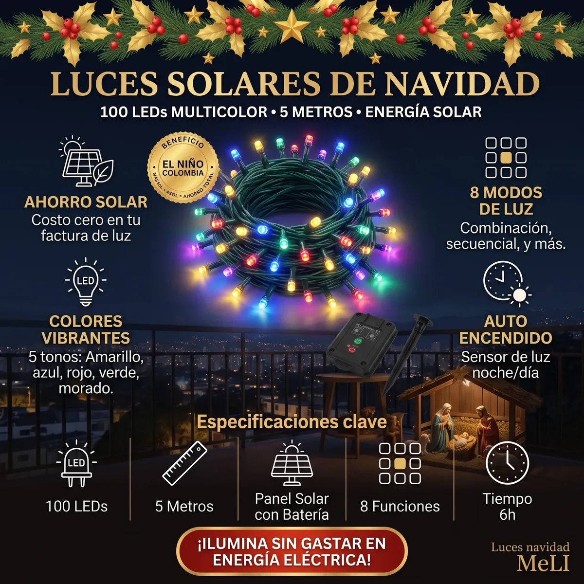 LUZ NAVIDAD SOLAR 100 BOMBILLOS