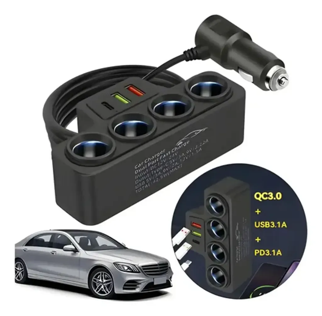 [6bab6c] ADAPTADOR CARGADOR CIGARRERA CARRO X4 - CIGARETTE LIGHTER - 120W